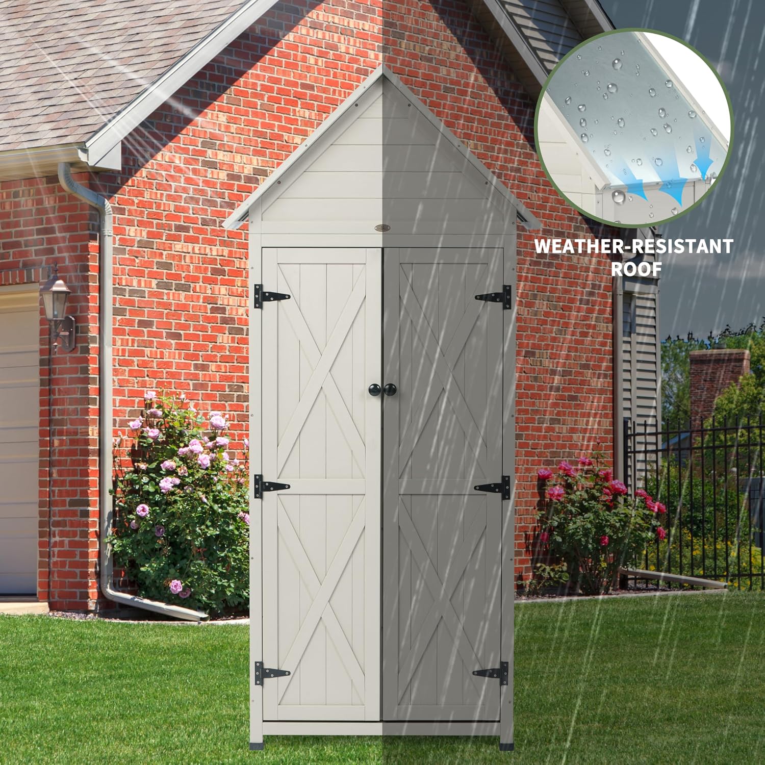 Outdoor Storage Shed with Floor & Adjustable Shelves, Wooden Garden Tool Cabinet Weatherproof, 71' Vertical Patio Organizer