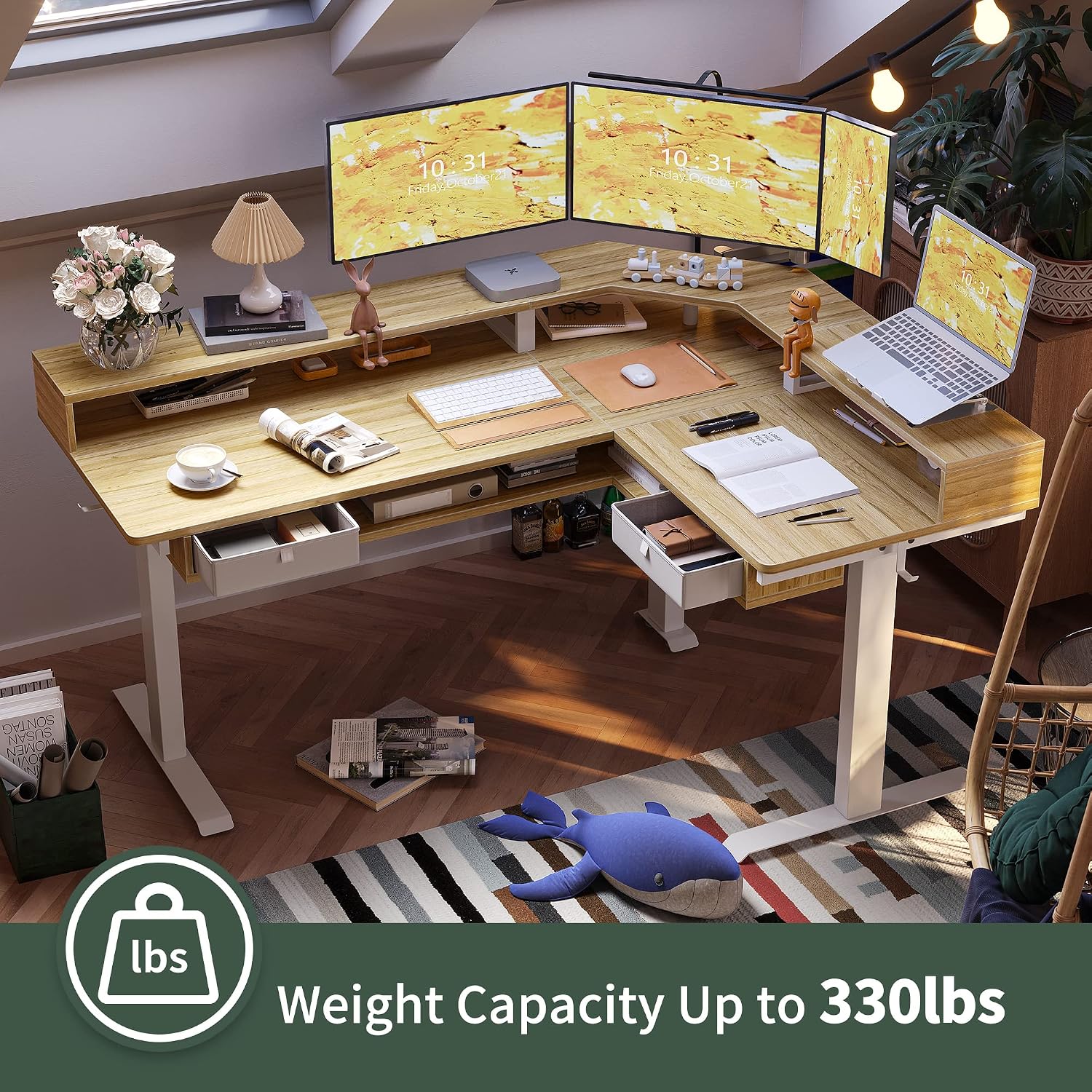 FEZIBO 63'x49' L Shaped Standing Desk with LED Strip & 2 Drawers, Upper and Lower Storage Shelves Available, Electric Height Adjustable, for Gaming, Office, Natural（2 Packages）