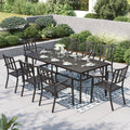 PHI VILLA 9 Pieces Outdoor Dining Set for 8, 83' Rectangular Metal Table with Umbrella Hole & Stackable Black Wrought Iron Chairs, Large Outside Furniture for Patio, Deck, Yard, Porch