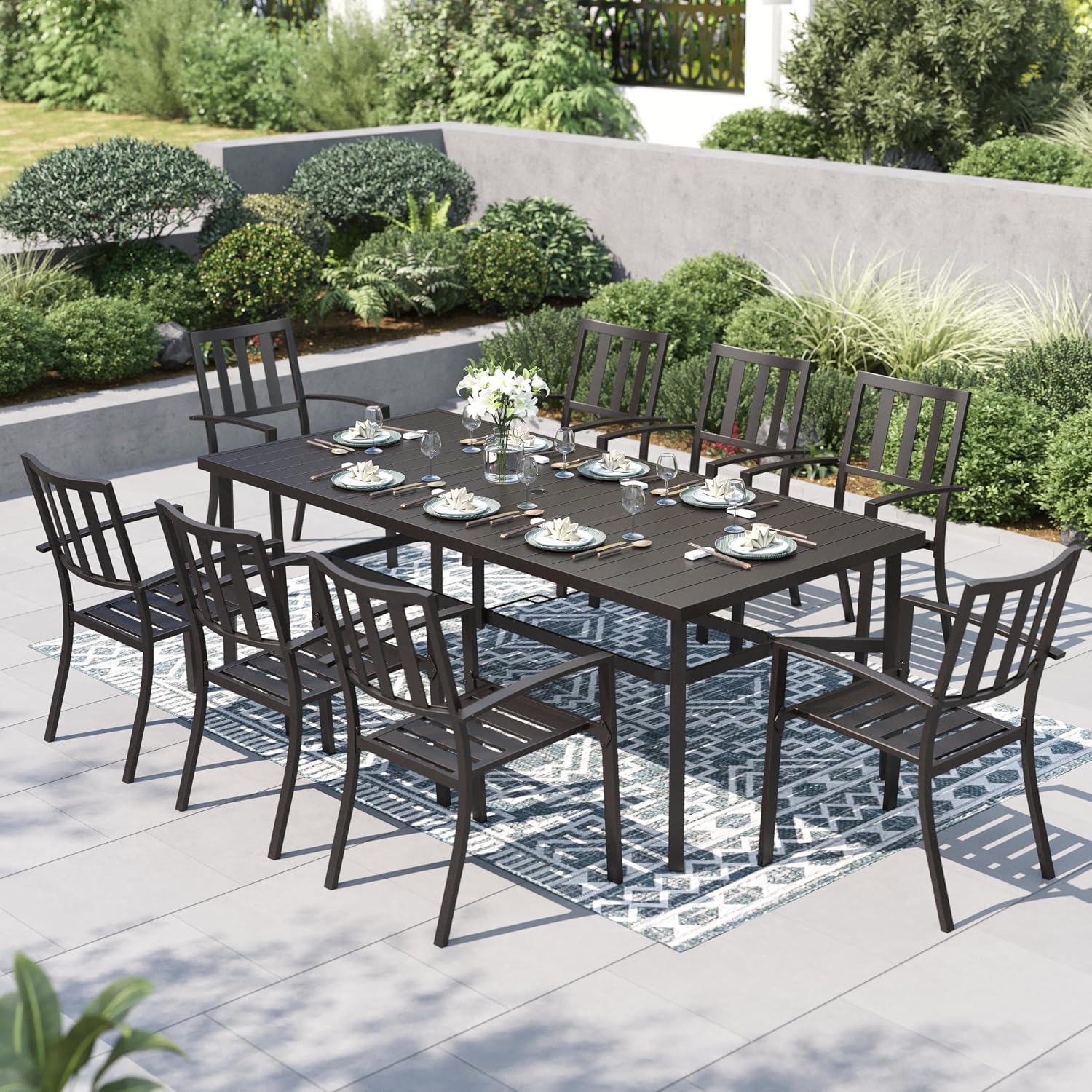 PHI VILLA 9 Pieces Outdoor Dining Set for 8, 83' Rectangular Metal Table with Umbrella Hole & Stackable Black Wrought Iron Chairs, Large Outside Furniture for Patio, Deck, Yard, Porch