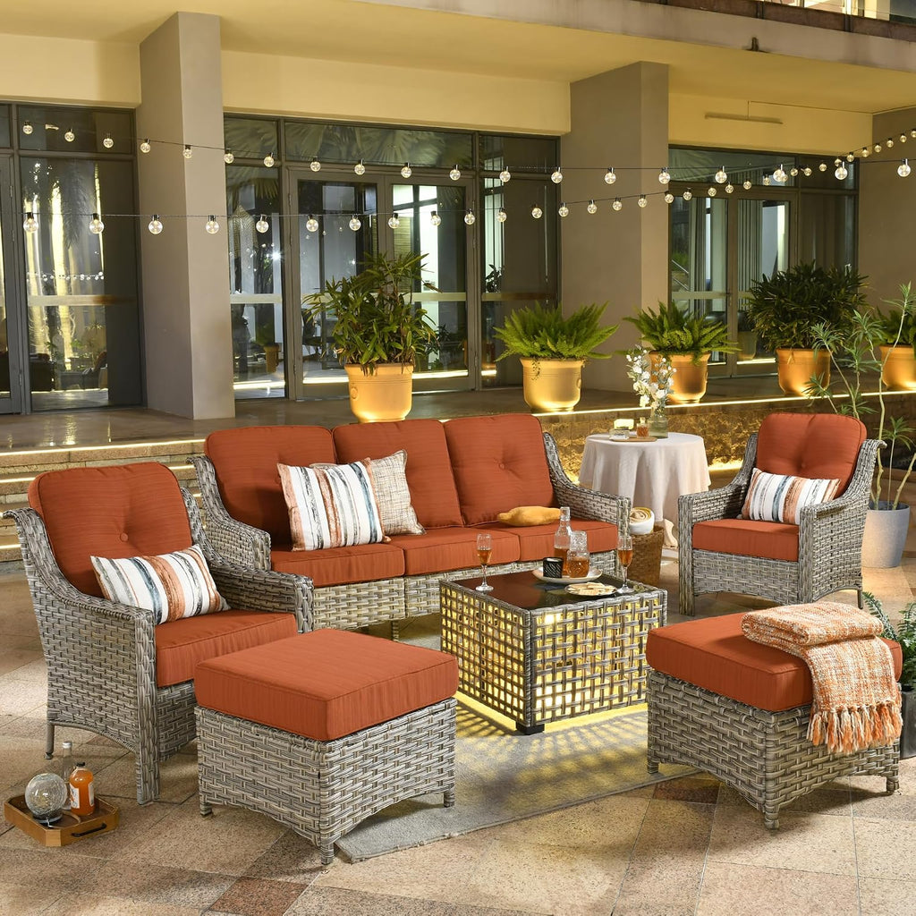 ovios 6 Piece Outdoor Patio Furniture with 3 Seat Sofa,Rattan Wicker Coversation Set with High Back,Sectional Single Sofa with Ottoman for Outside Porch Balcony Backyard Pool, Orange