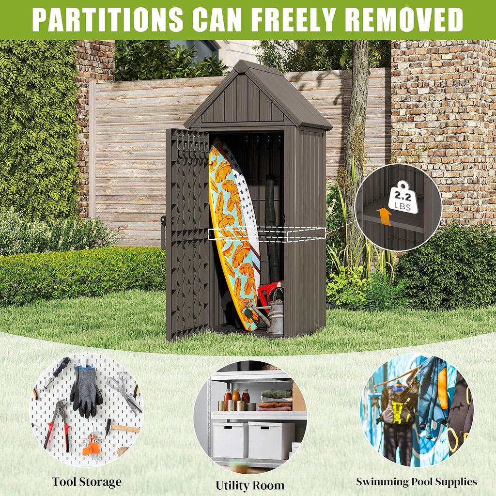 Fancyango Outdoor Resin Storage Shed, Upgrade Sturdy Storage Cabinet with Removable Shelves and Lock Ring, Reinforced Floor, All-Weather Construction for Garden Patio Lawn (Black) (Grey)