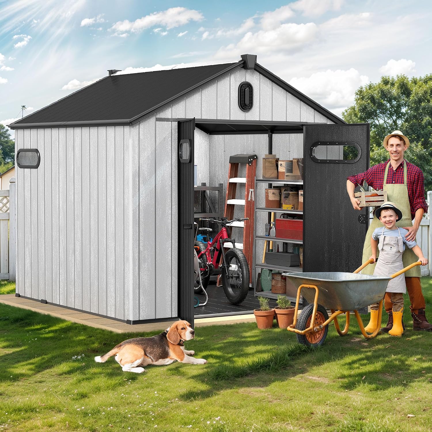 DWVO 8x8 FT Outdoor Storage Shed, Large Extra Thick Plastic Storage Shed with Oval Vision Windows & Lockable Door, 16mm Heavy Duty Outside Garden Shed with Floor & Vents for Patio Tool, Black&Gray