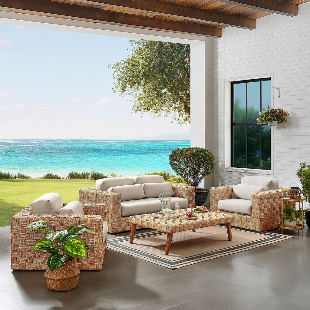 Modway Thames 4 Piece Outdoor Patio Furniture Set in Natural Light Gray - Wicker Rattan Conversation Set with Loveseat, Armchairs, and Coffee Table - All-Weather Deep Seating Backyard Collection