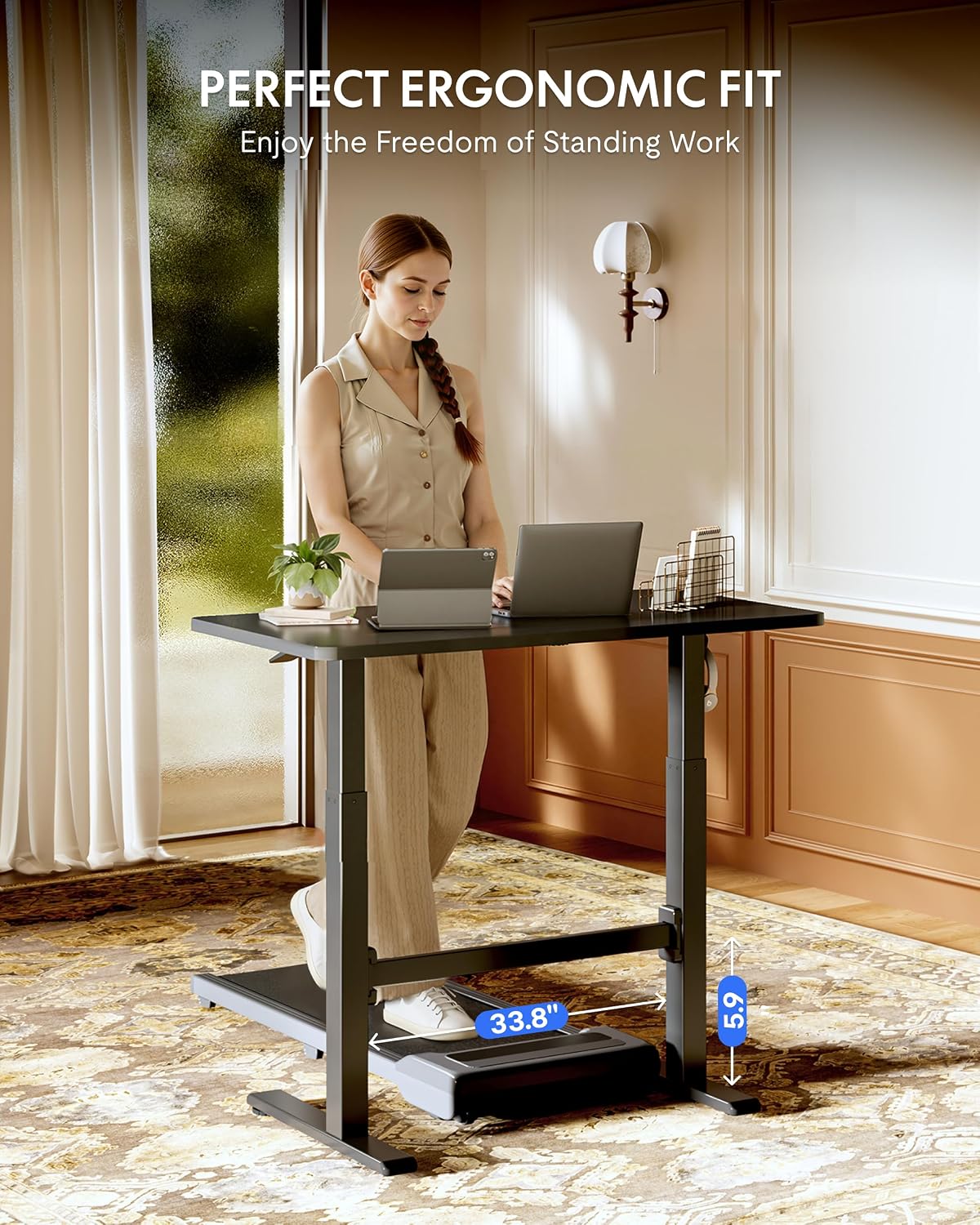 FLEXISPOT H7 Plus Gas Spring Adjustable Standing Desk, Mobile Rolling Sit-Stand Table with Wheels, Cordless Stand Up Desk for Small Spaces & Home Office, 48' One-Piece Desktop Black,Height 27.6'–45'
