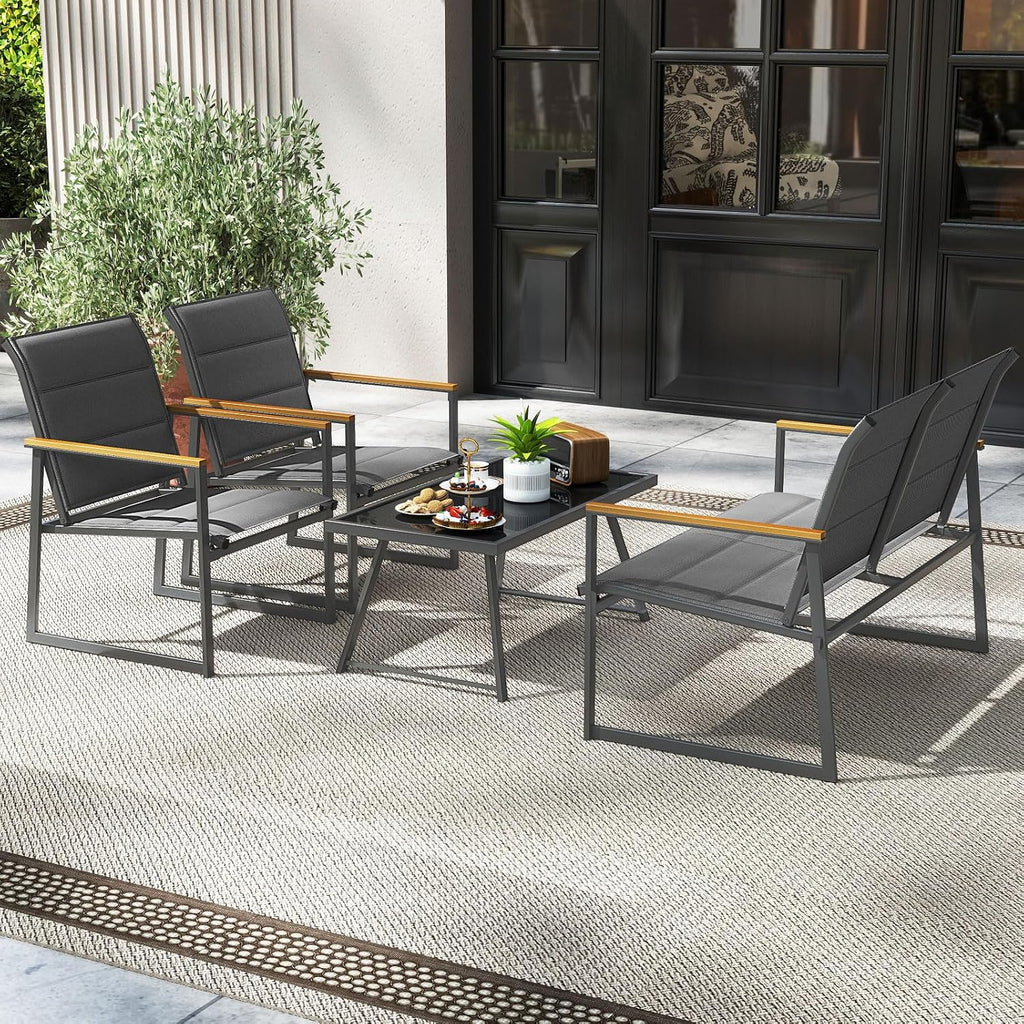 Tangkula 4 Piece Patio Furniture Set, Outdoor Metal Conversation Set with Padded Fabric Seat & Wood-Plastic Armrests, Sectional Sofa Set with Tempered Glass Coffee Table for Backyard, Porch (Gray)