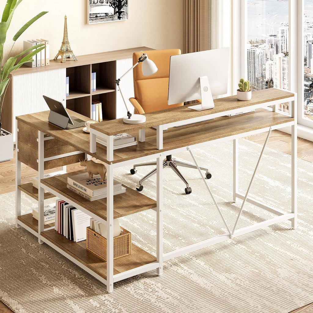 LITTLE TREE 55-Inch L-Shaped Computer Desk, Reversible Computer Desk with Drawers and Storage Shelves, Corner Desk Gaming Desk Work Desk for Home Office, Walnut