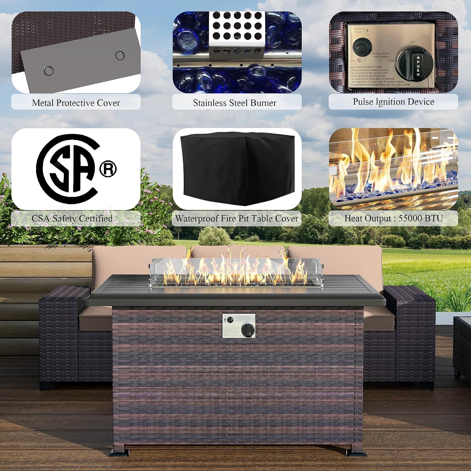 7 PCS Outdoor Patio Furniture Set,Outdoor Sectional Furniture with 43' 55000 BTU Gas Propane Fire Pit Table,All Weather PE Rattan Wicker Patio Conversation Set,Sand