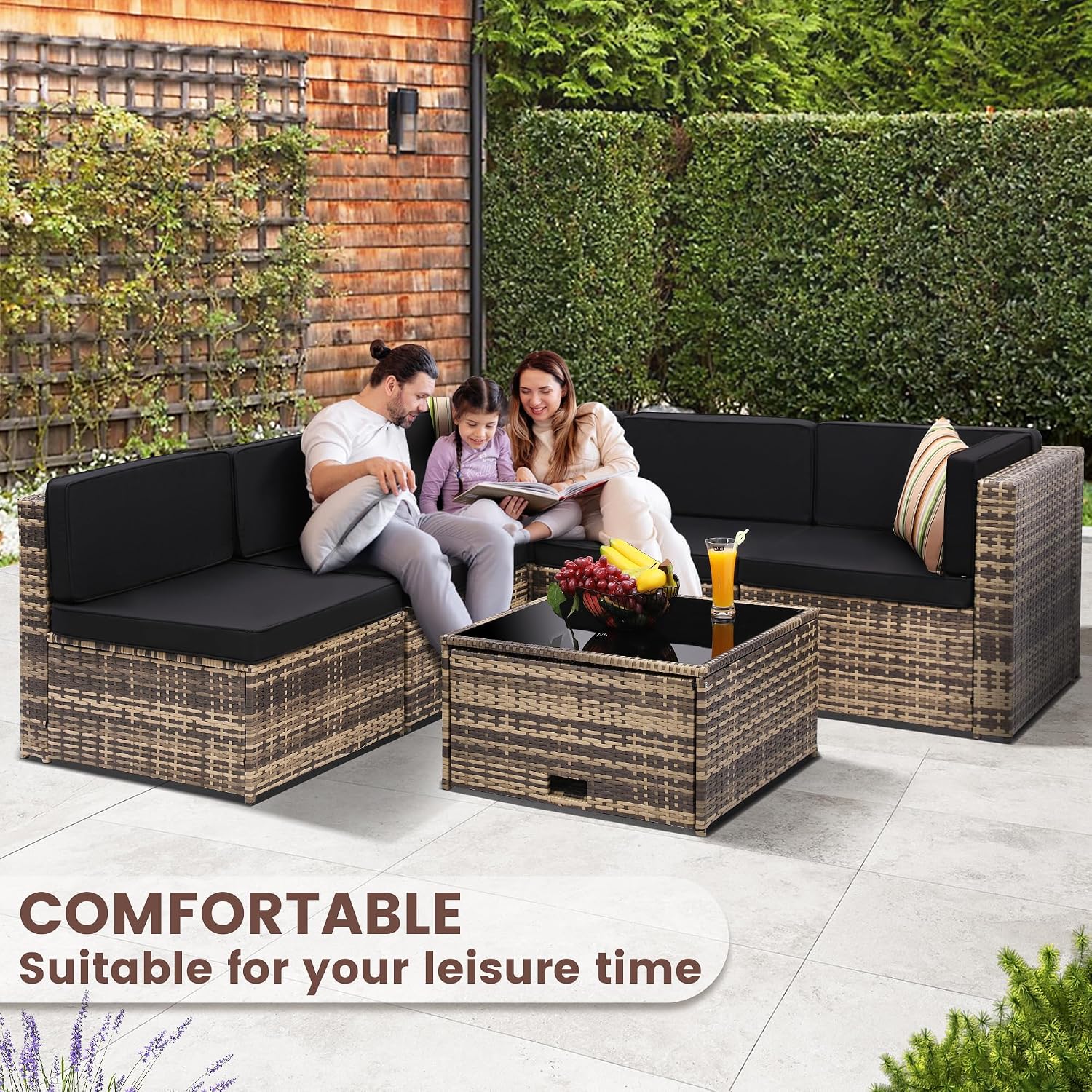 KROFEM 8-Piece Patio Furniture Set, Outdoor Wicker Rattan Sectional with Thick Cushions, Glass Top Table with Hidden Storage, Outdoor Conversation Set for Backyard, Porch, Patio, Black