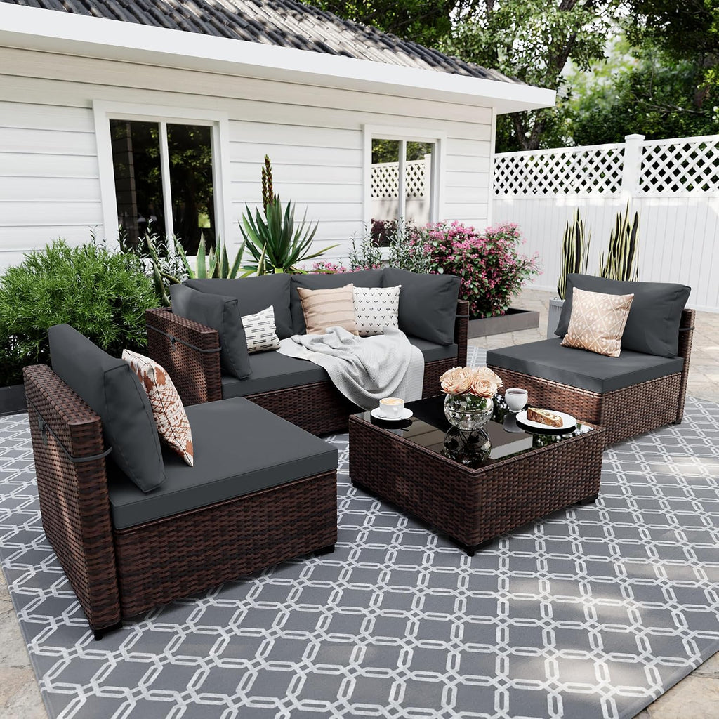 UPHA 5 Pieces Patio Furniture Sets, Wicker Outdoor Sectional Sofa Couch with Coffee Table, Patio Conversation Set for Deck Backyard Garden, Brown Rattan, Dark Gray Cushion