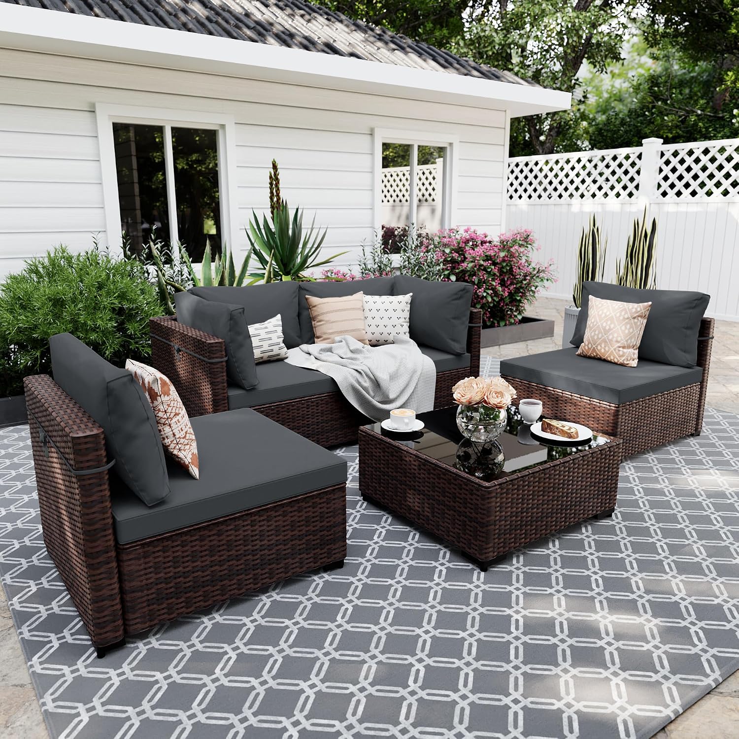 UPHA 5 Pieces Patio Furniture Sets, Wicker Outdoor Sectional Sofa Couch with Coffee Table, Patio Conversation Set for Deck Backyard Garden, Brown Rattan, Dark Gray Cushion