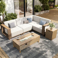 SUNSHINE VALLEY Patio Furniture Set, Sectional Outdoor Conversation Sets with Fire Pit & 10' Thick Cushions, 5 Pieces L Shaped Modular Yellow Rattan Wicker Sofa, Low Profile Lawn Garden Couch Set