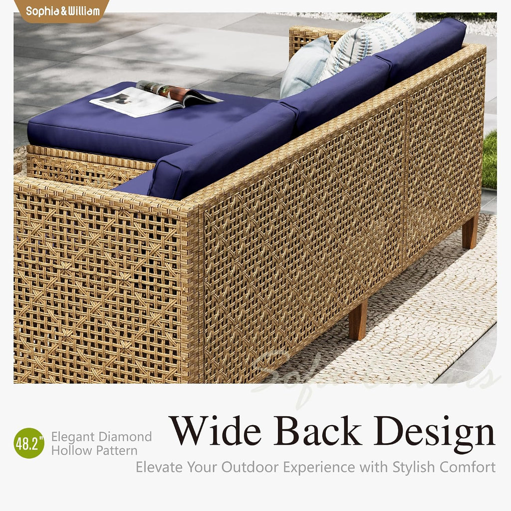 Sophia and William Boho Wicker Patio Furniture Set, Outdoor Rattan Sectional Sets Conversation Set - Weather-Resistant, with Dual Storage Coffee Table Acacia Wood Legs for Garden, Patio & Deck(Blue)