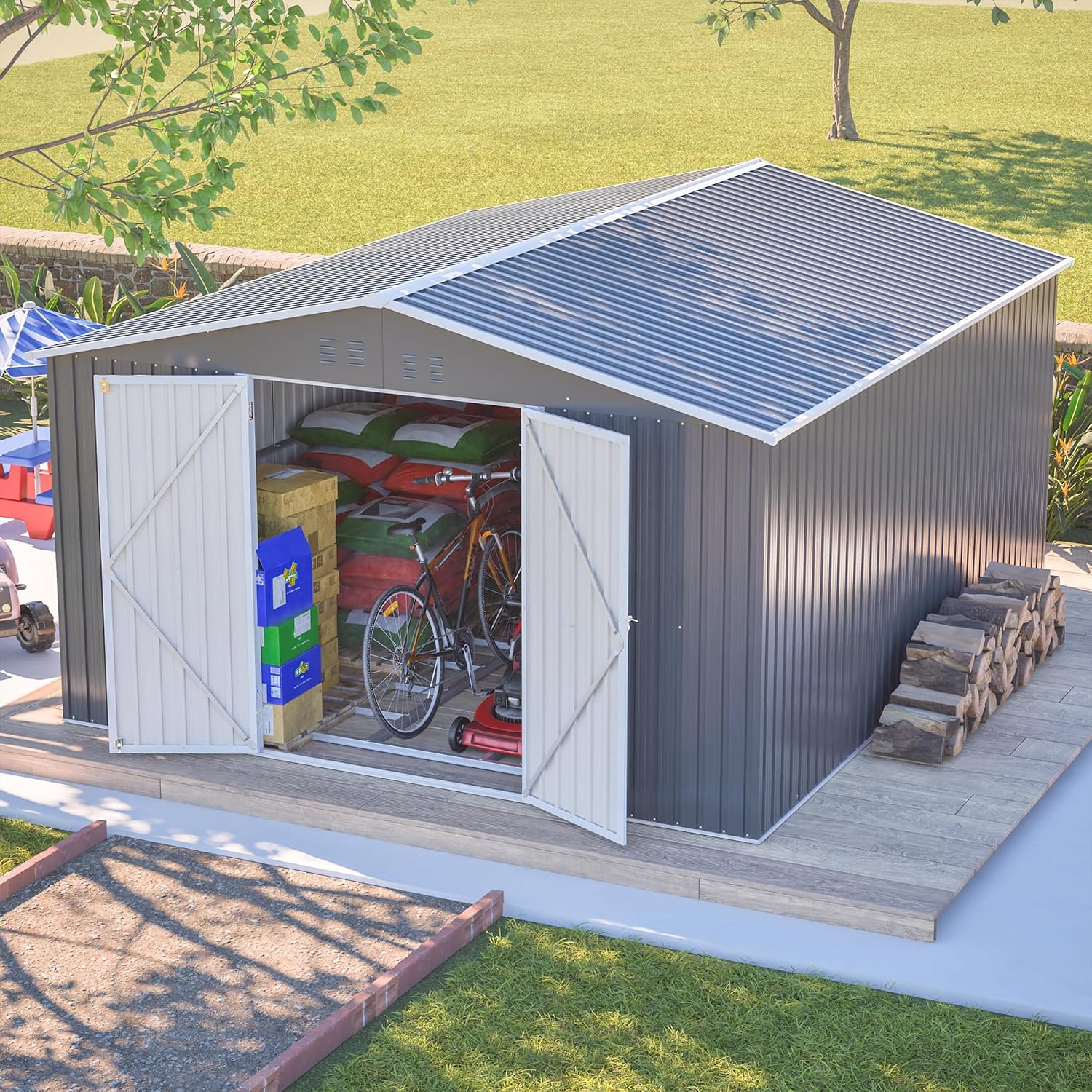 11x13FT Outdoor Storage Sheds with Floor Frame& Lockable Doors Garden Metal Shed Waterproof Galvanized Steel Tool Shed with Air Vents Sloping Roof Ideal for Backyard Patio Lawn Gray