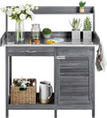 Yaheetech Outdoor Potting Bench Table, Garden Workstation w/Metal Tabletop/Cabinet Drawer/Open Top/Lower Shelf/Handy Hooks for Horticulture,Gray