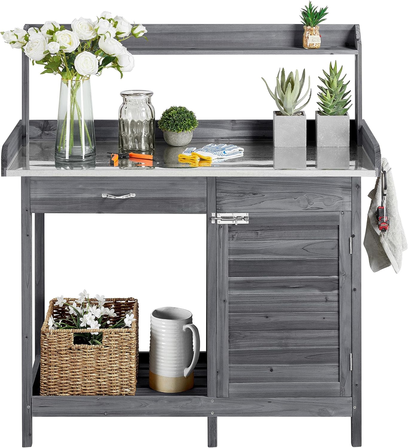 Yaheetech Outdoor Potting Bench Table, Garden Workstation w/Metal Tabletop/Cabinet Drawer/Open Top/Lower Shelf/Handy Hooks for Horticulture,Gray