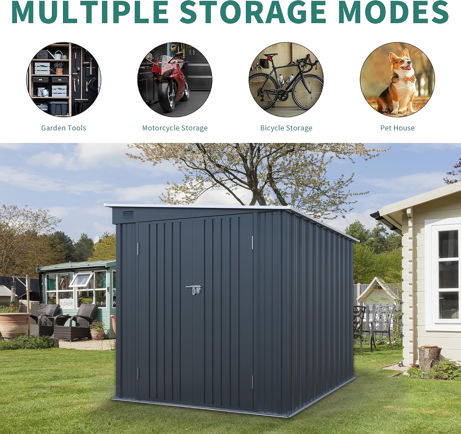 YOPTO 6x8 FT Lean to Outdoor Storage Shed,Metal Shed W/Translucent Panel,Garden Tool Storage House W/Air Vents,Lockable Double Doors & Sloped Roof,for Backyard,Patio,Lawn,Carbon Black