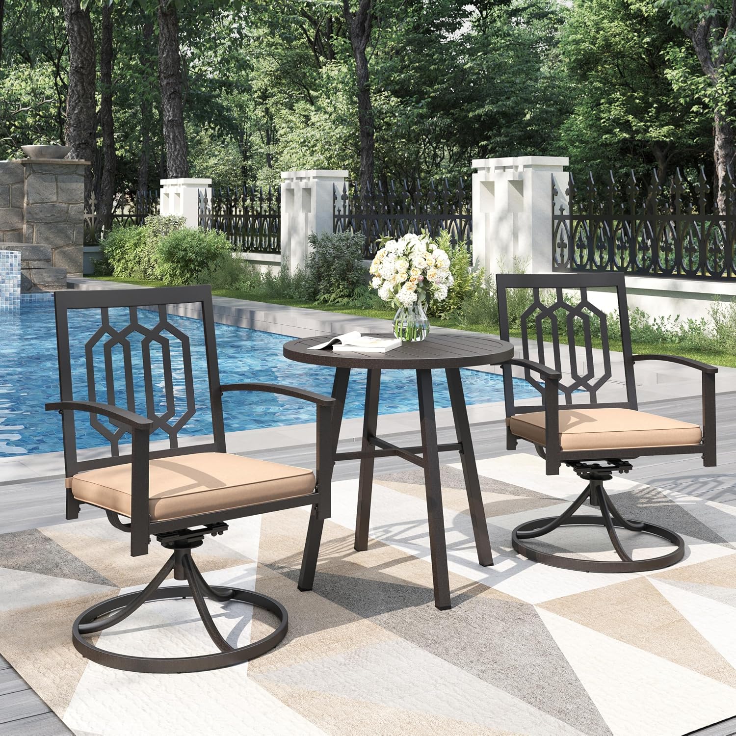 PHI VILLA Outdoor Metal Swivel Chairs Set of 4 Patio Dining Rocker Chair with Cushion Furniture Set for Garden Backyard Bistro, Black