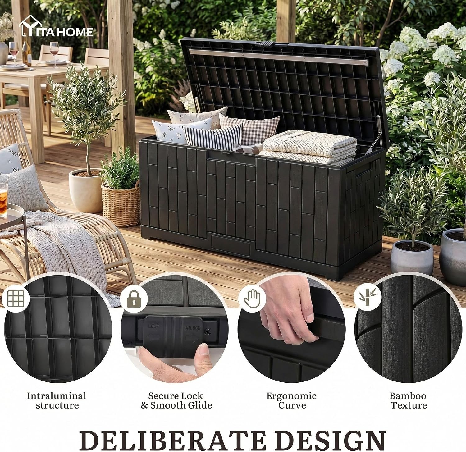 YITAHOME 120 Gallon Outdoor Storage Deck Box, Large Resin Patio Storage Box with Slide-Locking Lid, 53'L 2-Person Bench Seat for Outdoor Pillows, Garden Tools & Pool-Supplies, Waterproof (Black)