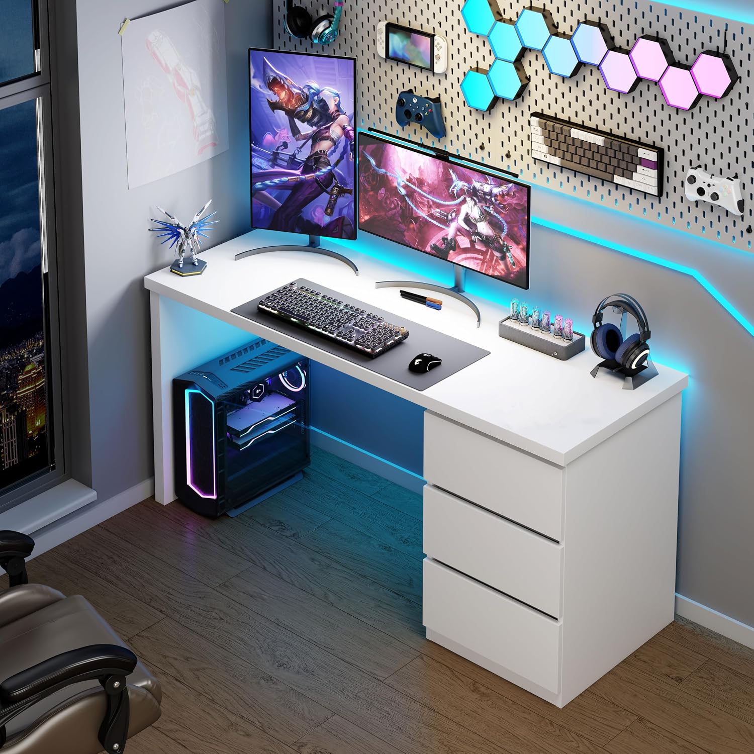 furtble White Desk with Drawers, 53'' W Home Office Computer Desk Gaming Table, Modern Vanity Desk with Storage, Wood Writing Workstation for Bedroom, Living Room, White