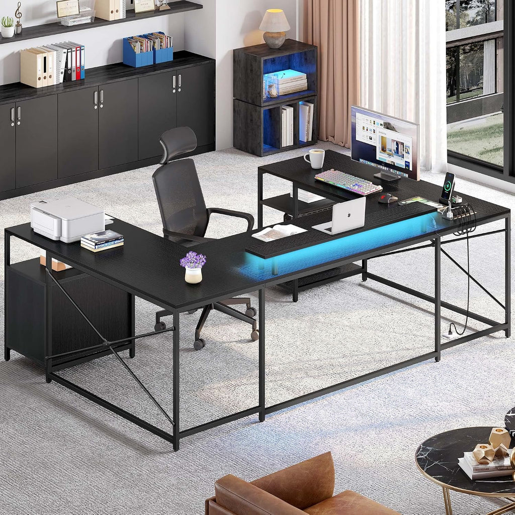 YITAHOME U Shaped Desk with Power Outlets & LED Lights, 79' Reversible L Shaped Desk with Drawers, Corner Computer Desk Office Desk with Monitor Stand & Storage Shelves, Black