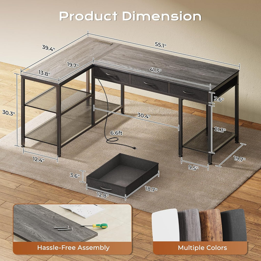 PRAISUN 55 Inch L Shaped Office Desk with Power Outlets and Type-C Port, Large Computer Gaming Desk with 3 Fabric Drawers, Mesh Shelves, Corner Study Work Writing Desk, Grey