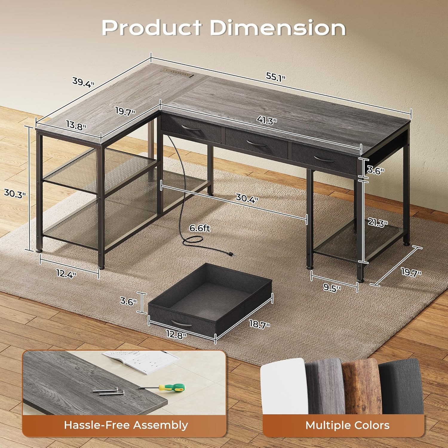 PRAISUN 55 Inch L Shaped Office Desk with Power Outlets and Type-C Port, Large Computer Gaming Desk with 3 Fabric Drawers, Mesh Shelves, Corner Study Work Writing Desk, Grey