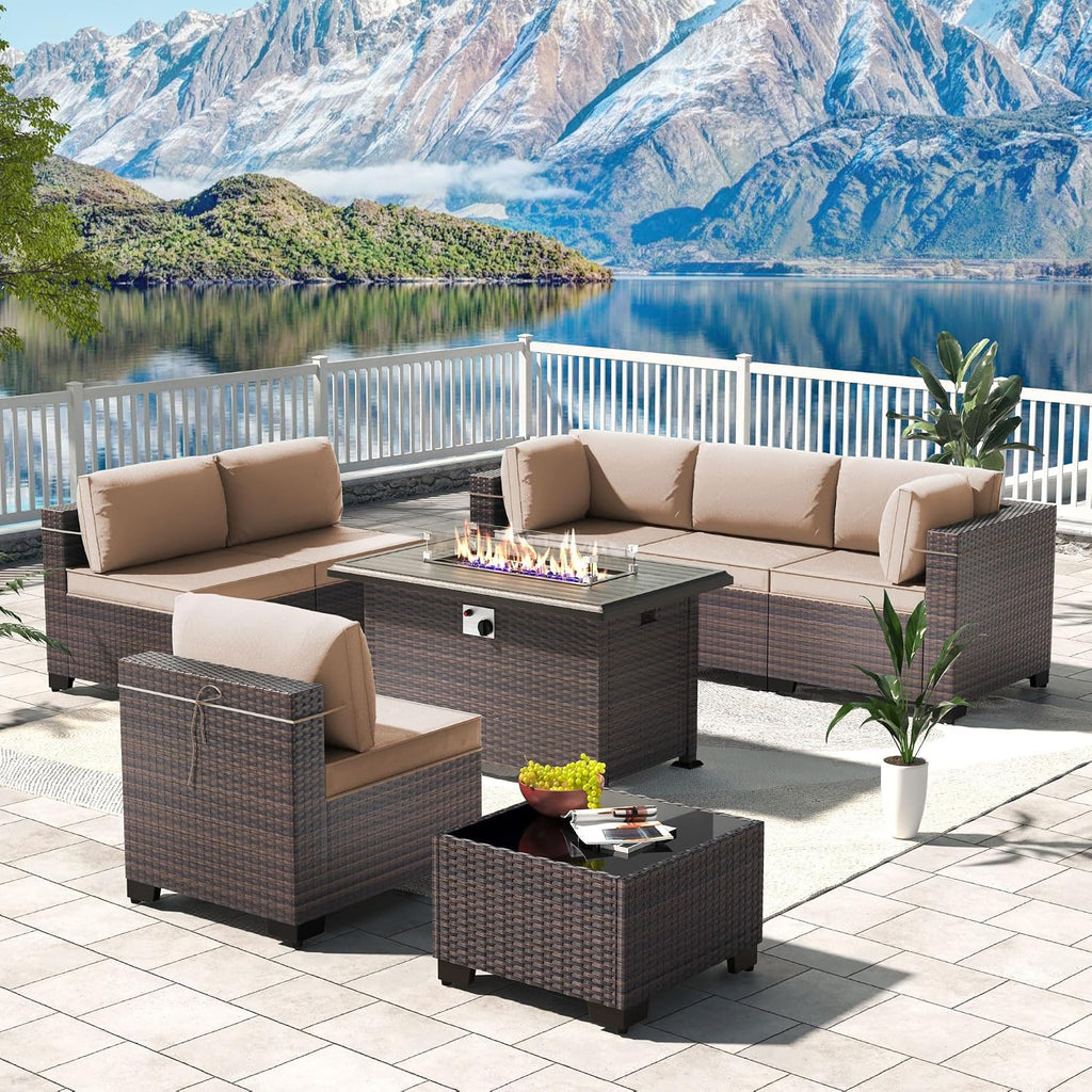 Kullavik 8 Pieces Outdoor Patio Furniture Set,Sectional Sofa Set with 43' 55000 BTU Gas Propane Fire Pit Table,Brown PE Rattan Wicker Patio Conversation Set,Sand