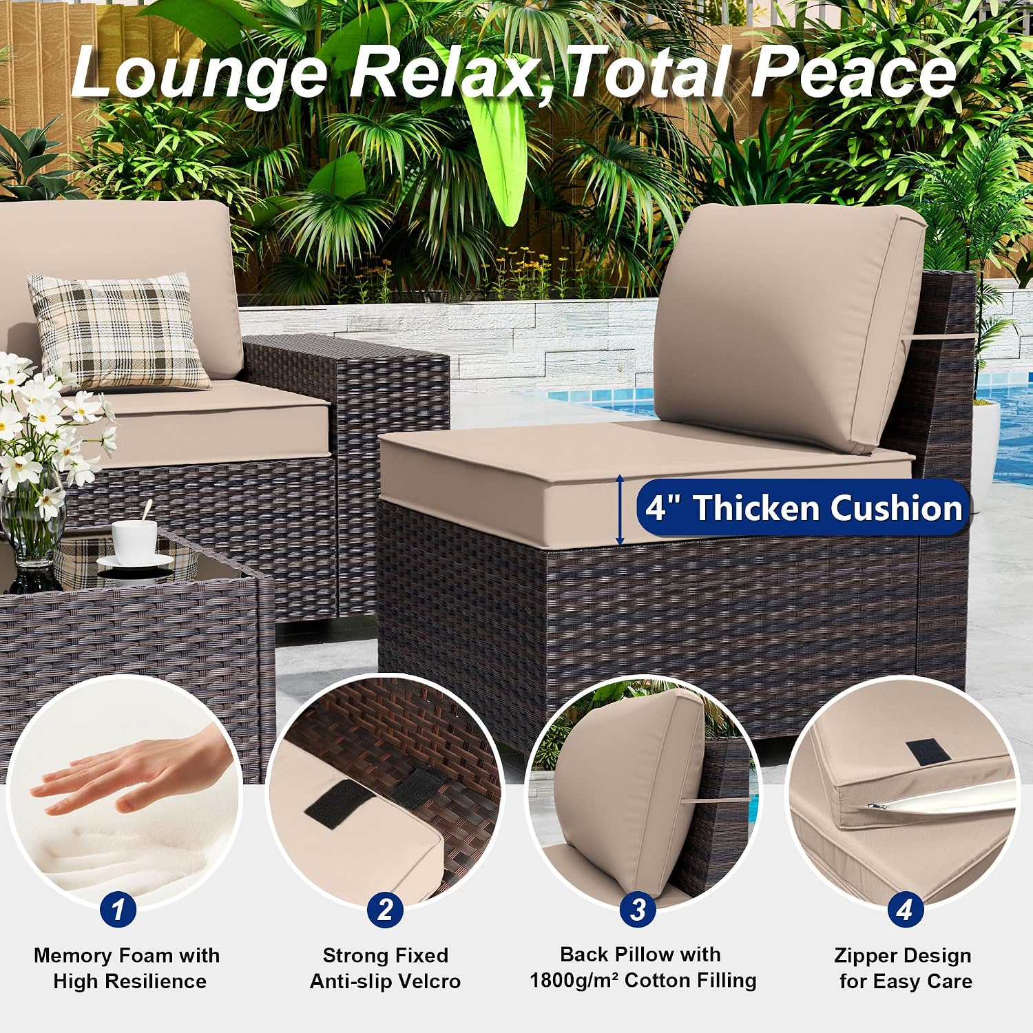 Outdoor Patio Furniture Set, 6 Pieces Outdoor Sectional Furniture High Backrest Patio Sofa, All-Weather PE Rattan Patio Conversation Set with Coffee Table & Cushions-Sand.