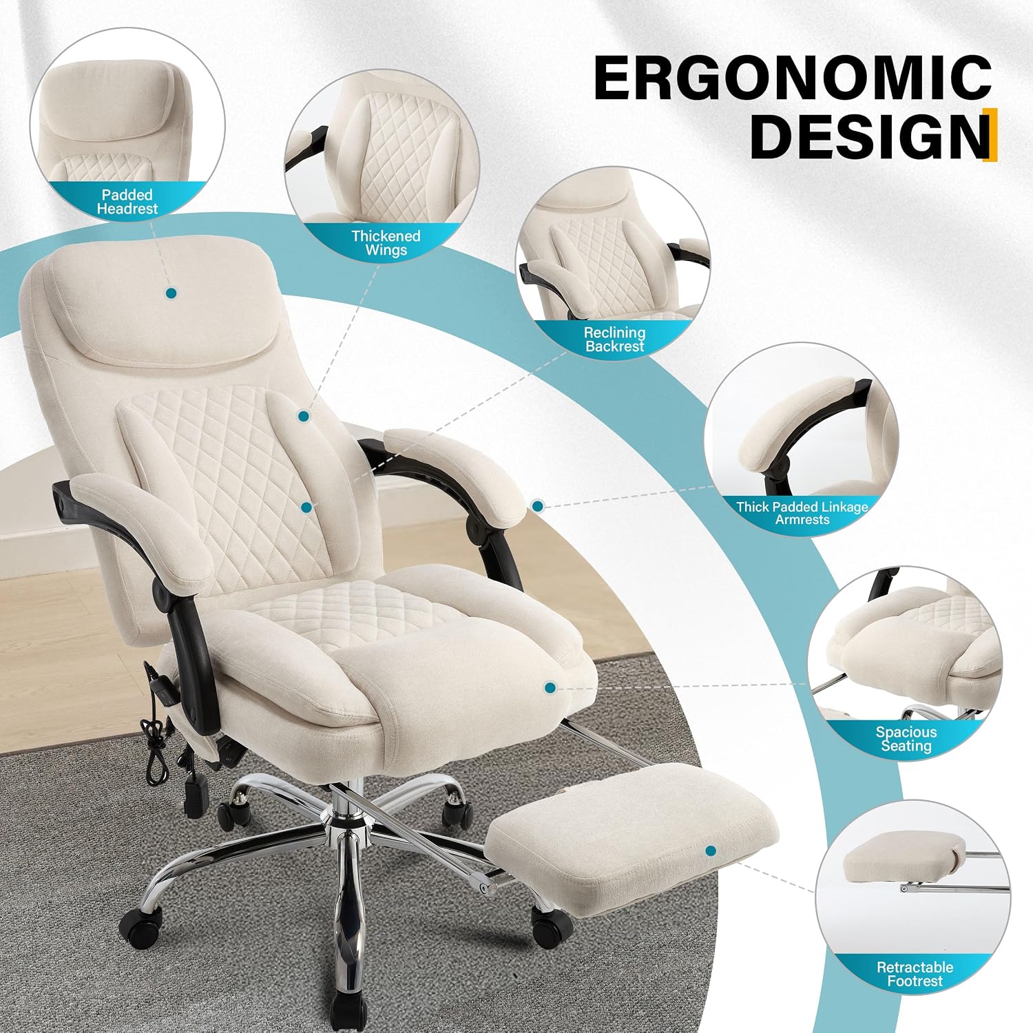 6-Point Massage Office Chair with Heated, Ergonomic Office Chair with Footrest & 45°Reclining High Back, Big and Tall Executive Office Chair 500LBS, Thick Cushion Desk Chair for Home Office, Beige