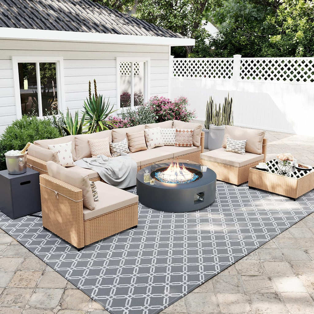 UPHA 9 Pieces Patio Furniture Sets, Wicker Outdoor Sectional Sofa Couch with Round Propane Pit for Deck Backyard Garden, Beige Rattan, Beige Cushion