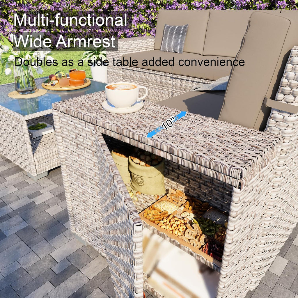 12-Piece Patio Furniture Set, Outdoor Extra Wide Armrest Modular Patio Sofa, Dual-Strand Rattan Wicker, Rust-Resistant Frame, Backyard High Back, Large Seat Furniture for Porch Garden Balcony, Khaki