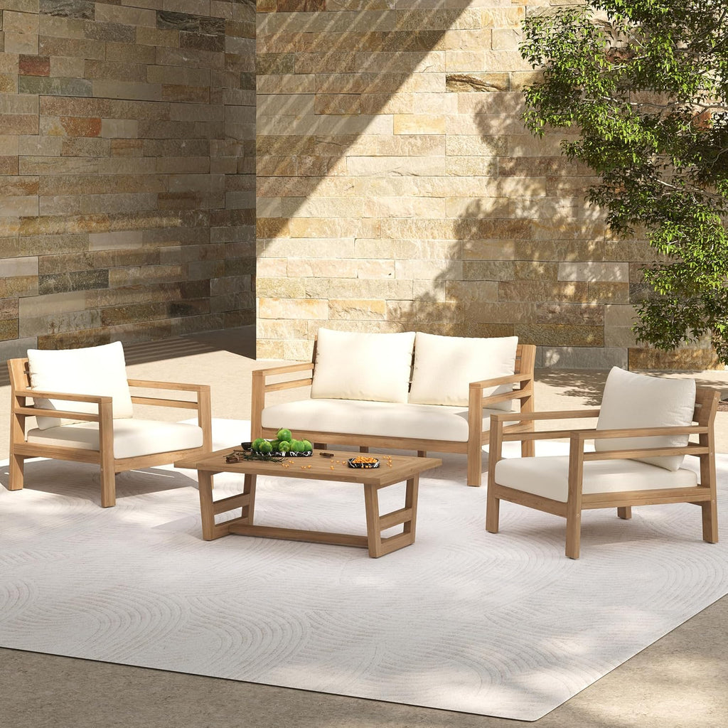 Christopher Knight Home Jamaia 4 Pieces Acacia Furniture Set, Patio Conversation Chat 2-Seat Sofa Set with Coffee Table, Outdoor Loveseat Chair Set for Garden Porch Backyard Balcony, Light Teak+Beige