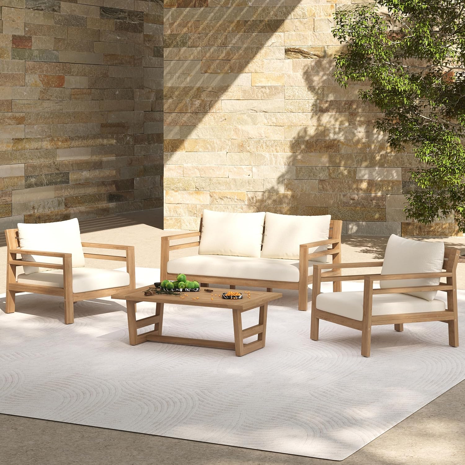 Christopher Knight Home Jamaia 4 Pieces Acacia Furniture Set, Patio Conversation Chat 2-Seat Sofa Set with Coffee Table, Outdoor Loveseat Chair Set for Garden Porch Backyard Balcony, Light Teak+Beige