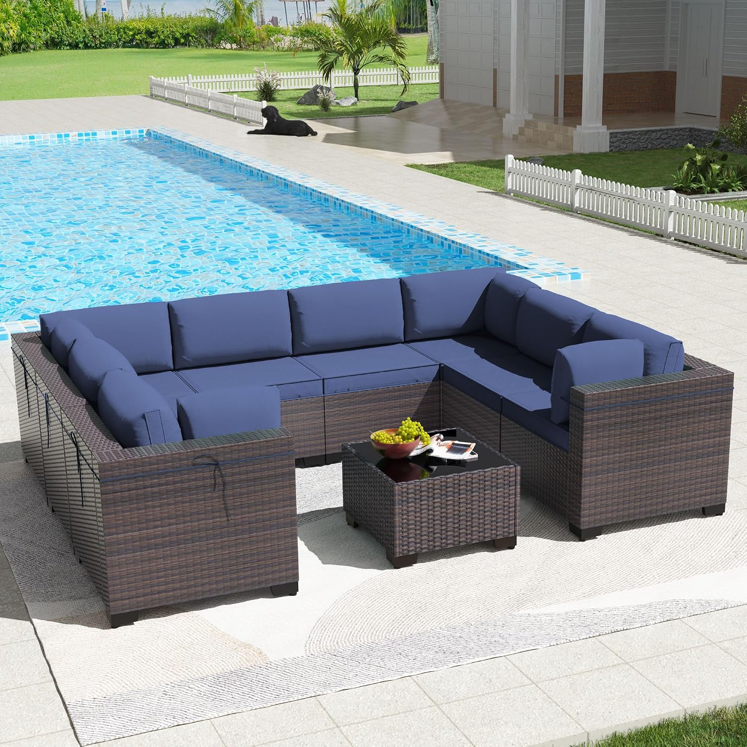 Kullavik 9PCS Outdoor Patio Furniture Set PE Wicker Rattan Sectional Sofa Patio Conversation Sets,Navy Blue