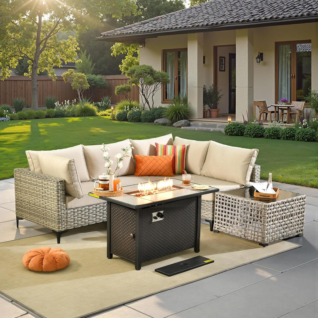 6 Pcs Patio Furniture with Fire Pit Table, Outdoor Rattan Wicker Conversation Set with Glowing Coffee Table, Comfy Sectional Sofa for Porch Balcony Backyard Pool, Beige
