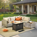 6 Pcs Patio Furniture with Fire Pit Table, Outdoor Rattan Wicker Conversation Set with Glowing Coffee Table, Comfy Sectional Sofa for Porch Balcony Backyard Pool, Beige