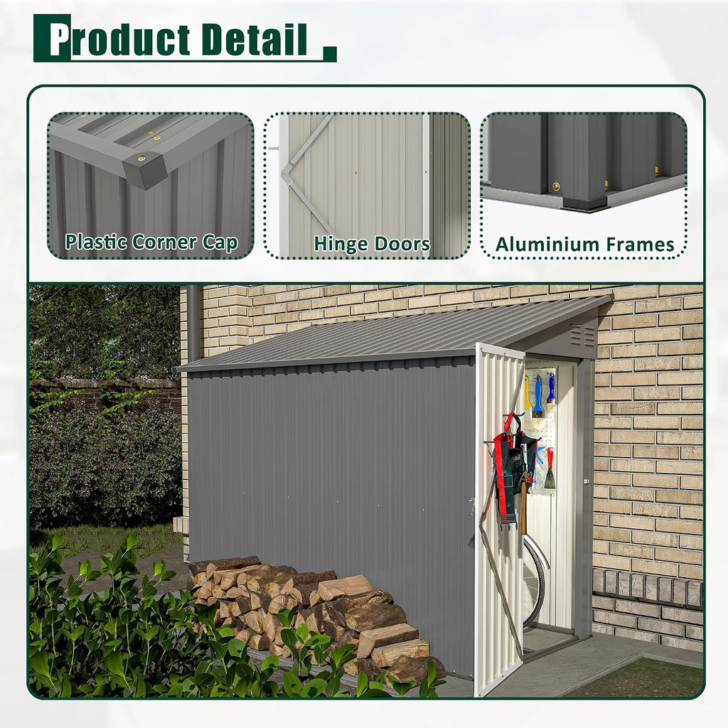 YOPTO 4x8 FT Lean to Metal Shed,Outdoor Storage Shed W/Floor Frame & Reversible Installation,All Weather Waterproof Garden Tool House W/Lockable Door & 2 Air Vents,for Backyard,Patio,Lawn,Gray