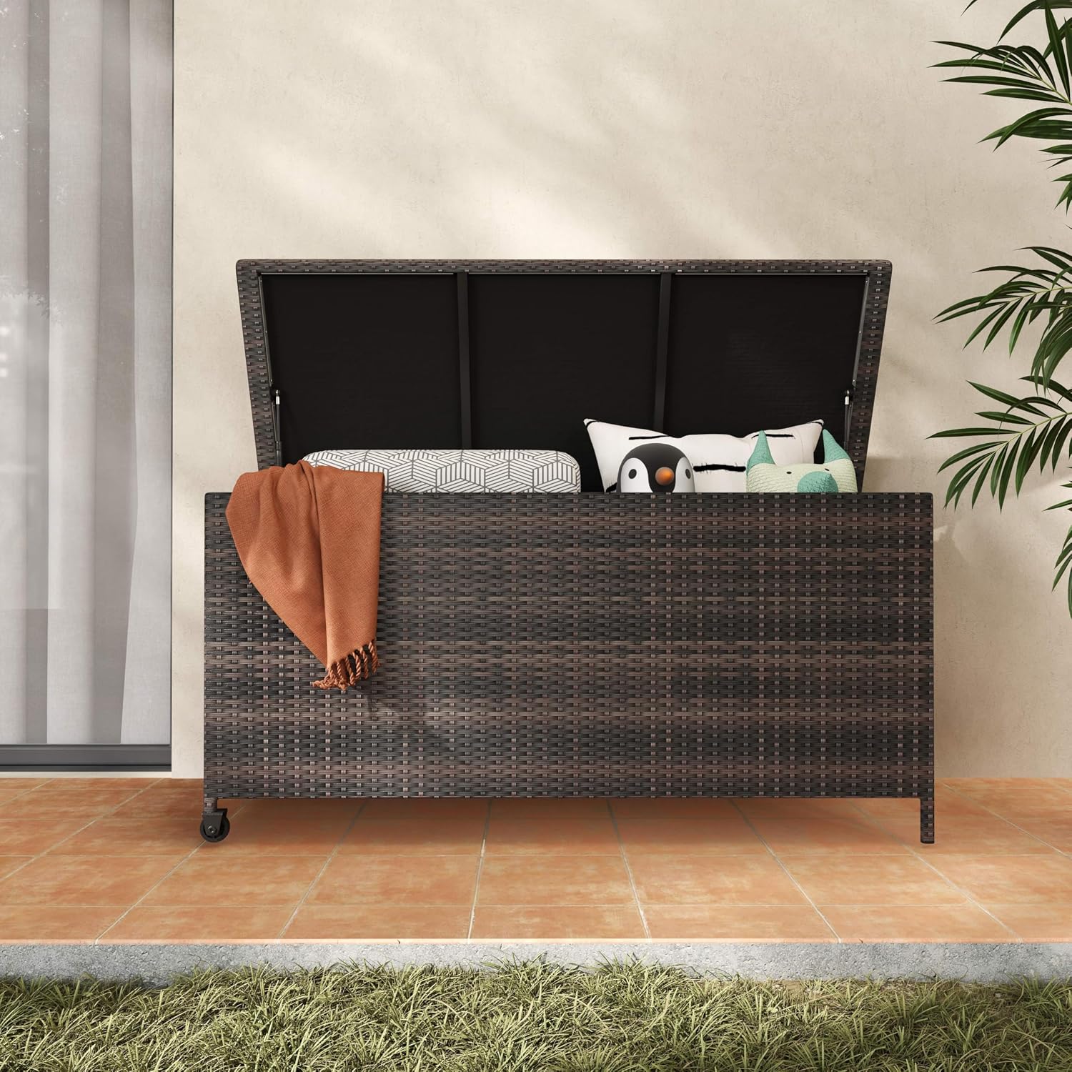 RELAX4LIFE 85-Gallon Deck Box with Wheels - Wicker Rattan Storage Bin Container w/Waterproof Liner & Gas Strut for Patio Cushions, Garden Tools, Pool Supplies, Indoor Outdoor Storage Box (Brown)