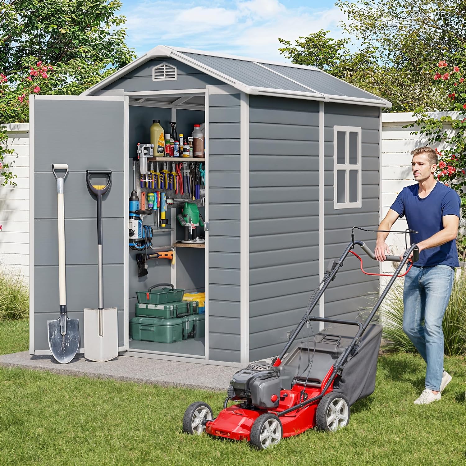 Gizoon 6x4 FT Outdoor Storage Shed with Floor, Resin Garden Tool Shed with Lockable Doors, Window, Vents, Reinforced Steel Frame, Waterproof Plastic Storage Sheds for Backyard, Patio, Lawn