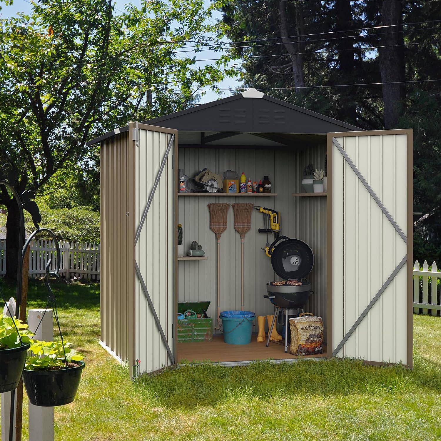 Flamaker 6x4 FT Storage Shed Waterproof Metal Garden Shed with Lockable Door Utility Tool Shed Outdoor Storage for Backyard, Patio and Lawn, Brown