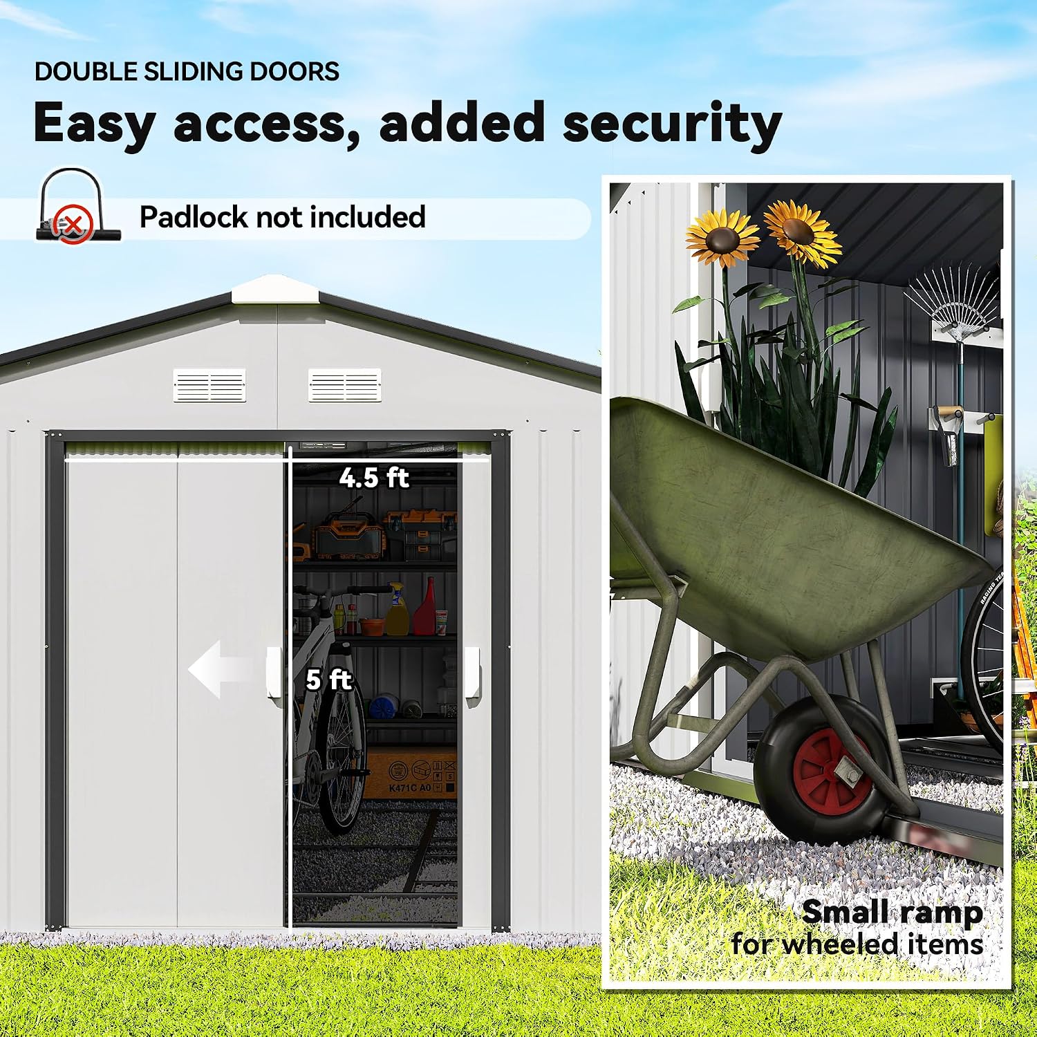 Outsunny 11' x 13' Outdoor Storage Shed, Garden Tool Metal Shed with Foundation Kit, Double Lockable Door, Air Vents and Sloping Roof, for Backyard, Patio, Lawn, White