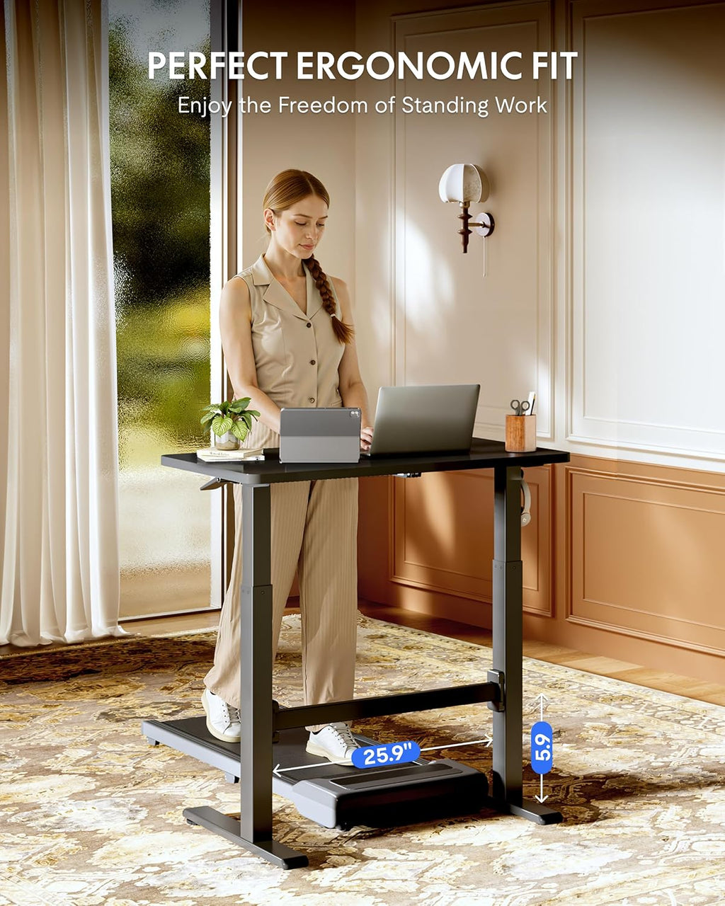 FLEXISPOT H7 Plus Gas Spring Adjustable Standing Desk, Mobile Rolling Sit-Stand Table with Wheels, Cordless Stand Up Desk for Small Spaces & Home Office, 40' One-Piece Desktop Black,Height 27.6'–45'