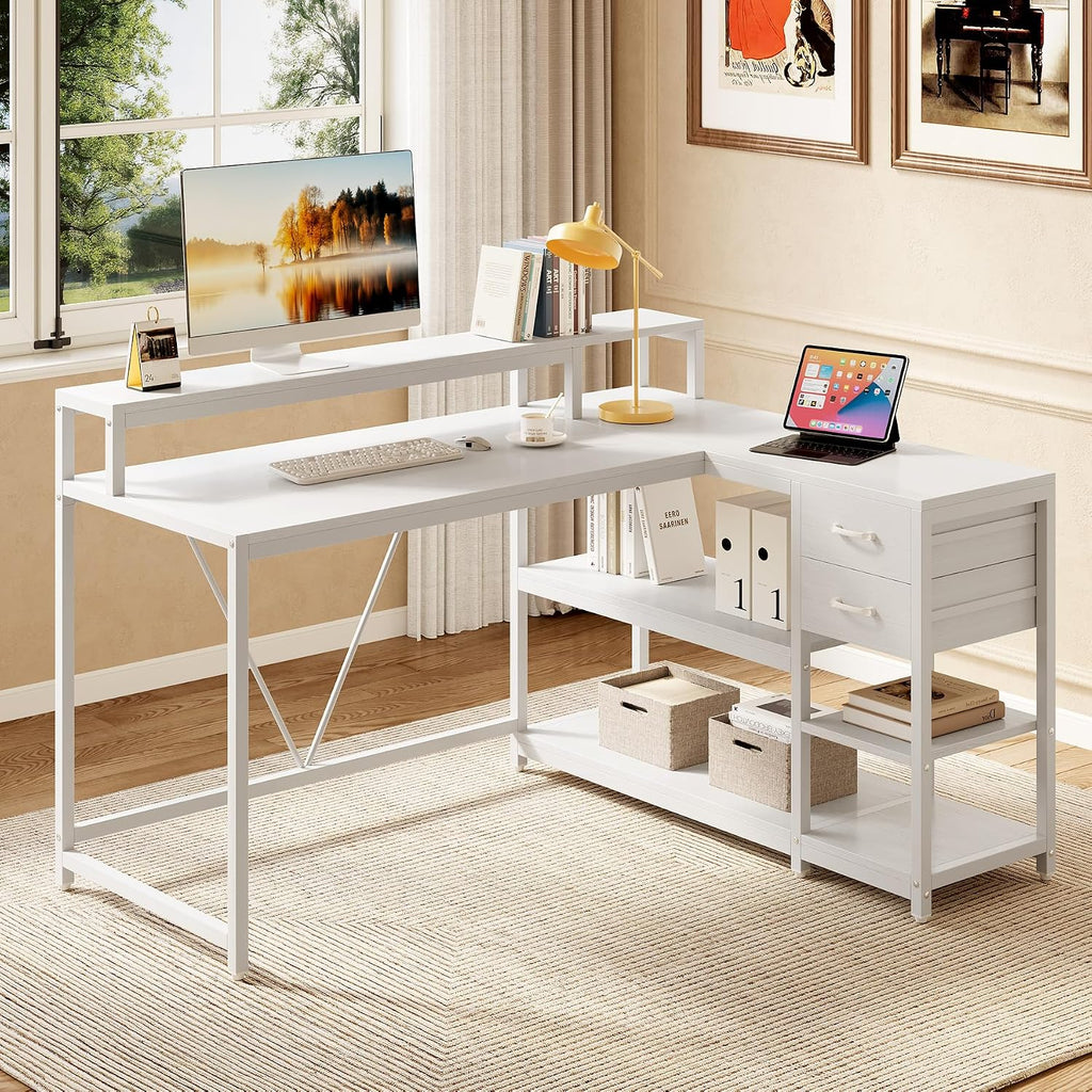 LITTLE TREE 55-Inch L-Shaped Computer Desk, Reversible Computer Desk with Drawers and Storage Shelves, Corner Desk Gaming Desk Work Desk for Home Office, White