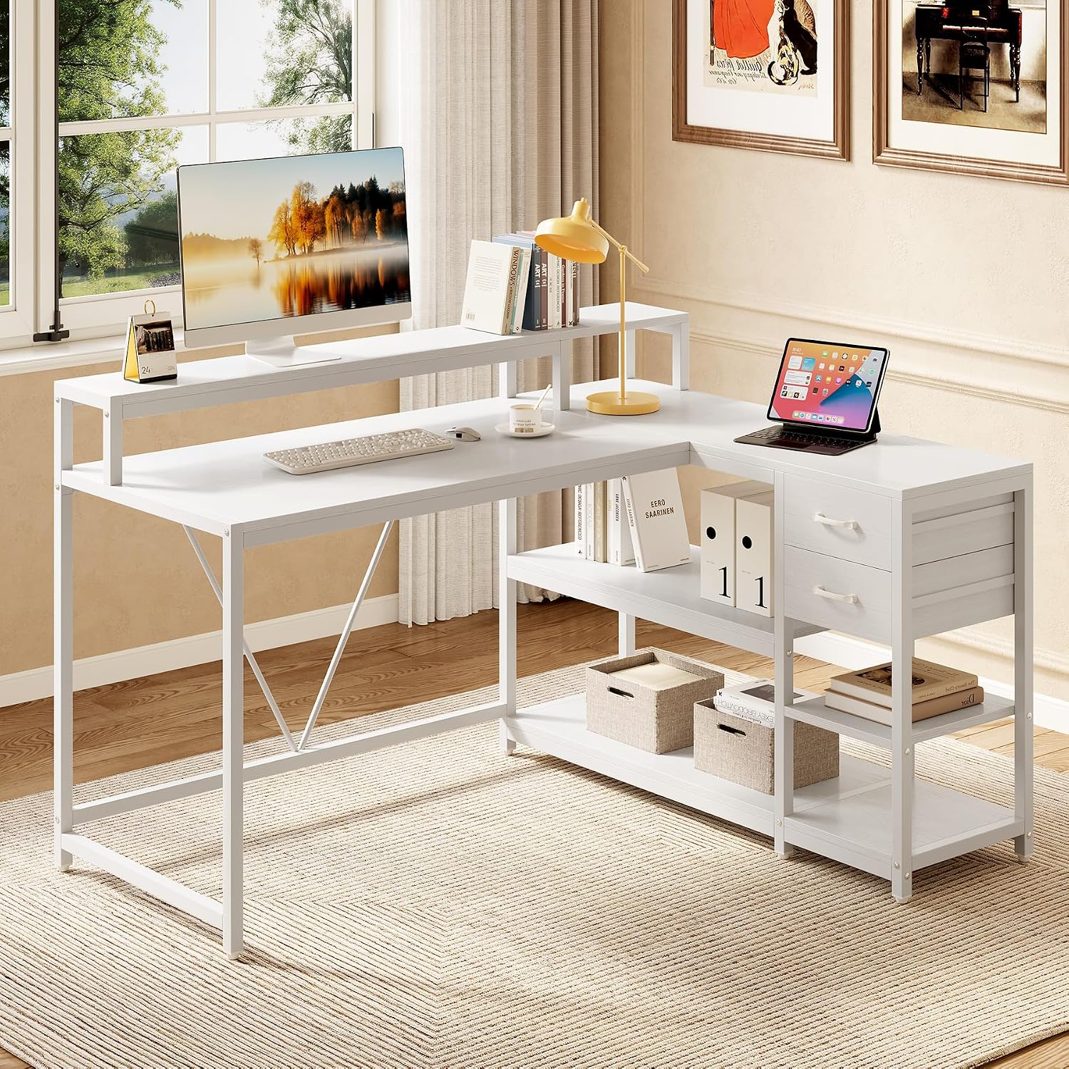 LITTLE TREE 55-Inch L-Shaped Computer Desk, Reversible Computer Desk with Drawers and Storage Shelves, Corner Desk Gaming Desk Work Desk for Home Office, White