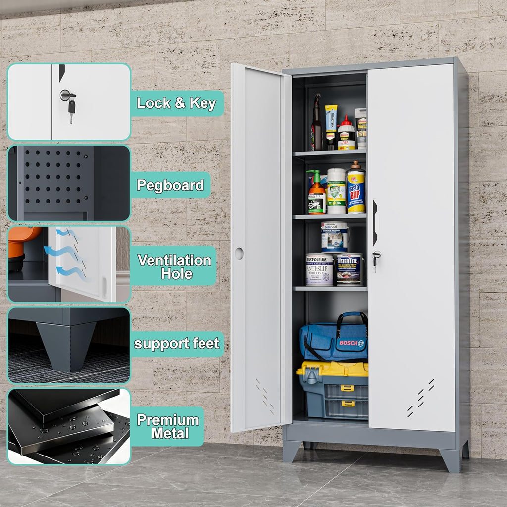 Storage Cabinet 61' H, Locking Cabinet with Doors and Shelves, Metal Pantry Cabinets for Tool Organization,Gray White Cabinet with Removable Pegboard for Garage,Utility Room,Office