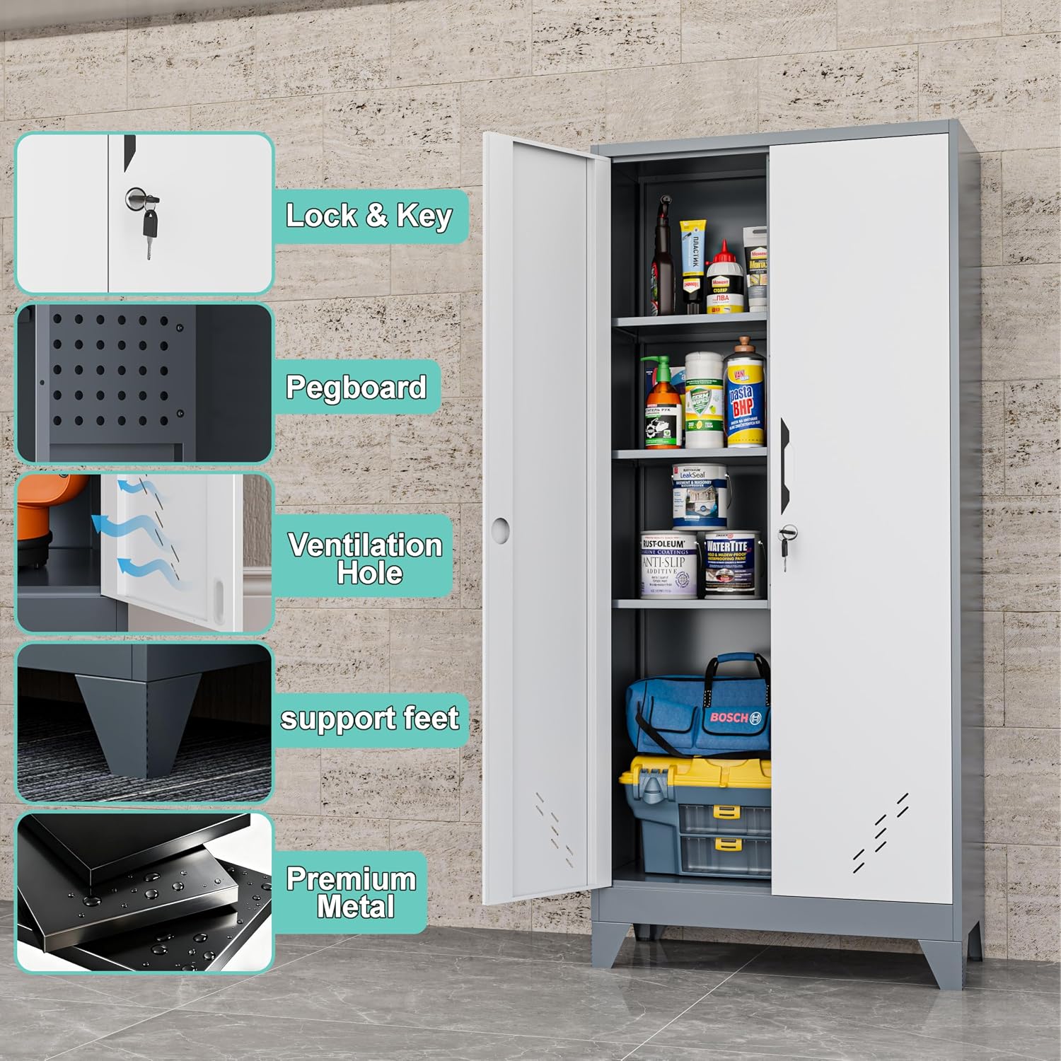 Storage Cabinet 61' H, Locking Cabinet with Doors and Shelves, Metal Pantry Cabinets for Tool Organization,Gray White Cabinet with Removable Pegboard for Garage,Utility Room,Office