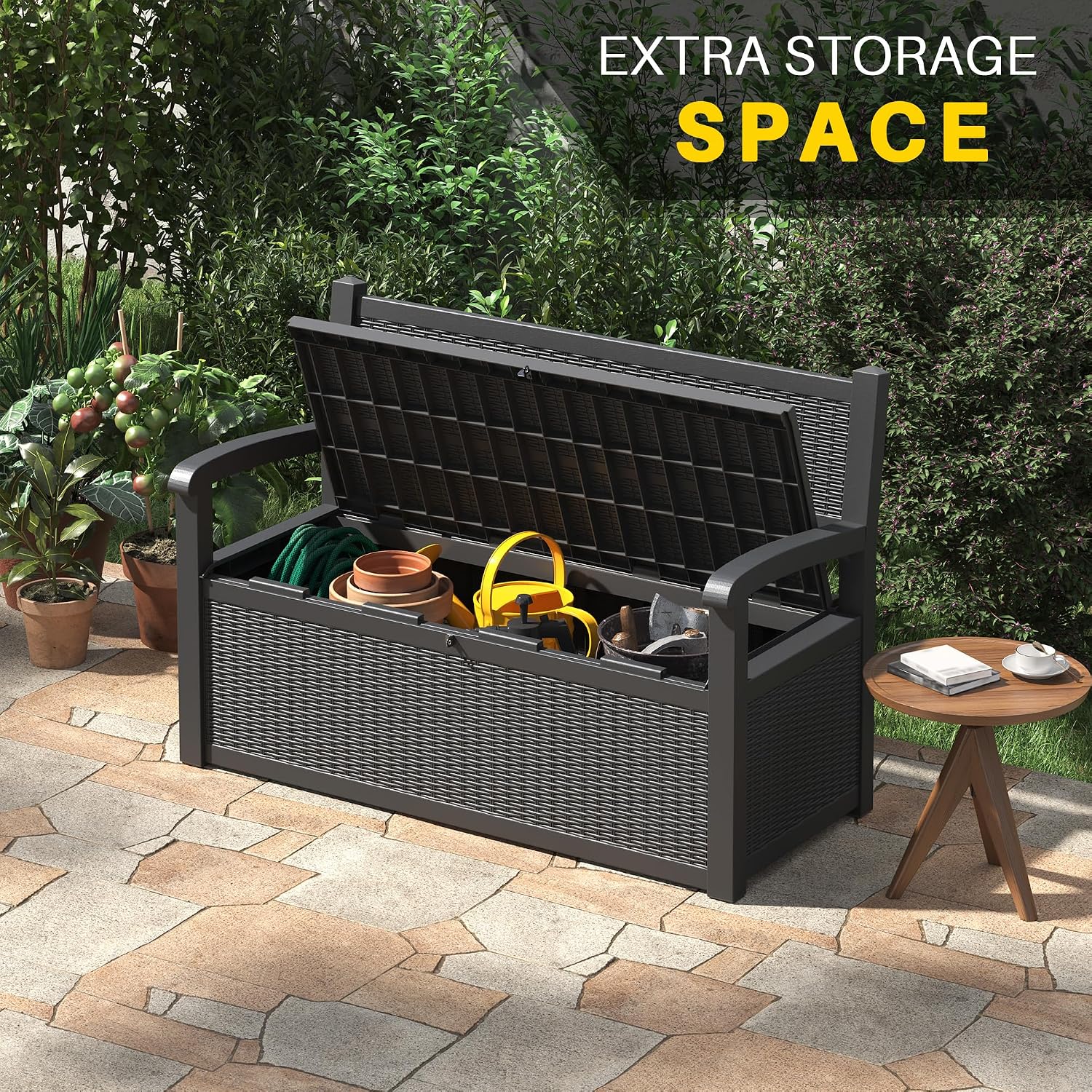 LHBcraft 70 Gallon Deck Bench with Storage,Outdoor Storage Box Bench Waterproof&Lockable, Resin Patio Furniture with Armrest for Patio, Porch, Garden,Black