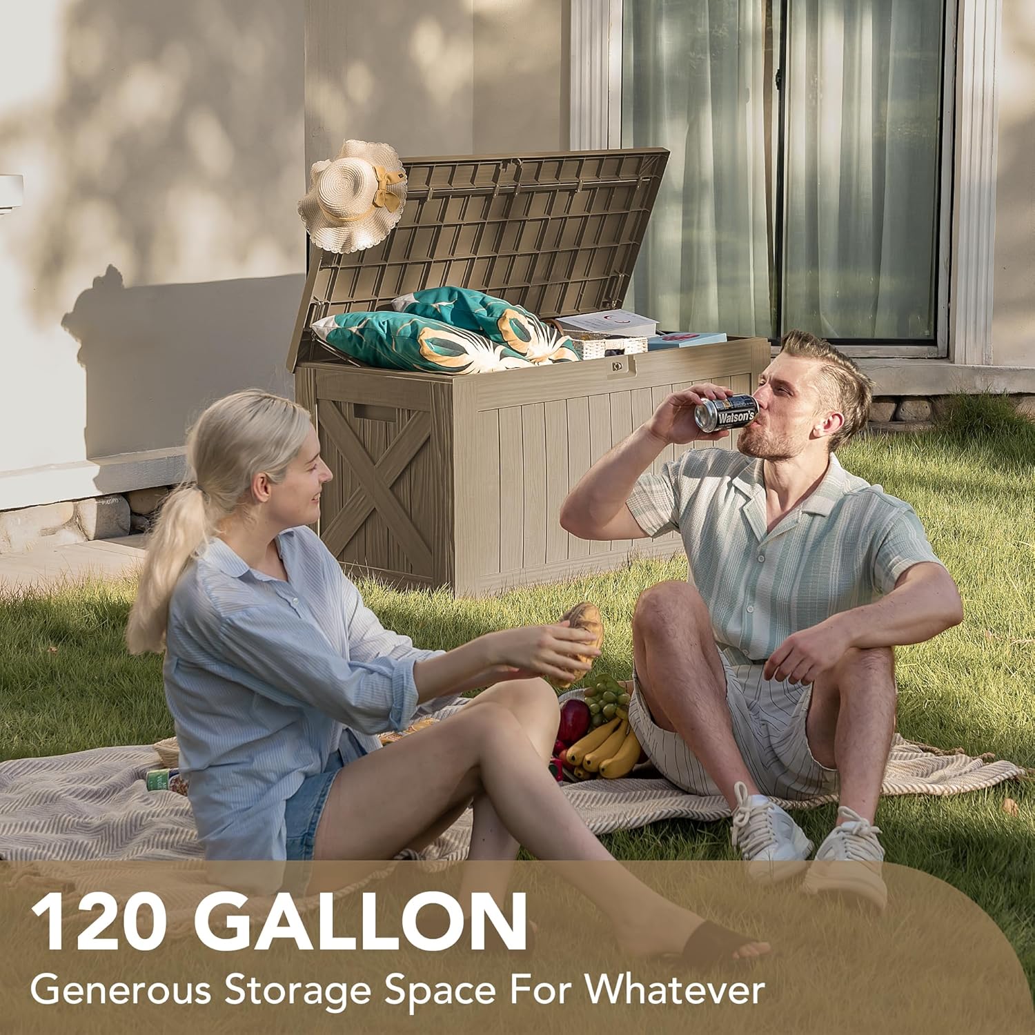Devoko 120 Gallon Deck Box Resin Outdoor Storage Box Waterproof for Patio, Large Outdoor Storage Bench Lockable for Outside (Brown)
