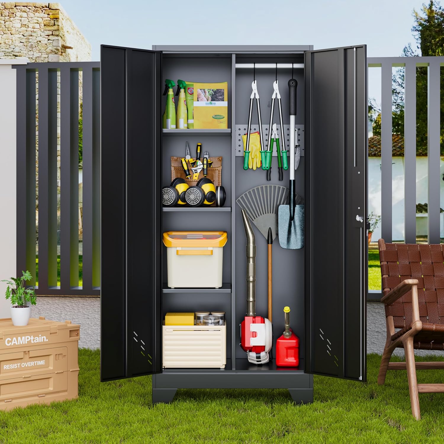Storage Cabinet 61' H, Metal Tools Storage Cabinet with Lockable Doors and Shelves, Outdoor Storage Sheds with Removable Pegboard for Garage, Utility Room, Office